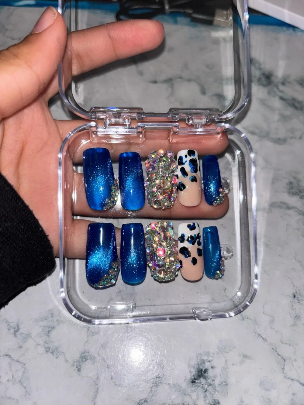 Blue Rhinestone & Leopard Print Press-On Nail Set